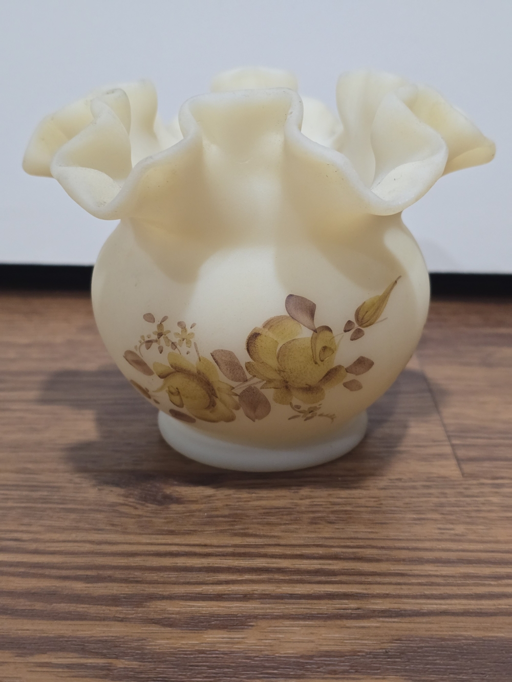Fenton Cream Ruffled Vase with Yellow Rose Motif-Hand Painted Signed